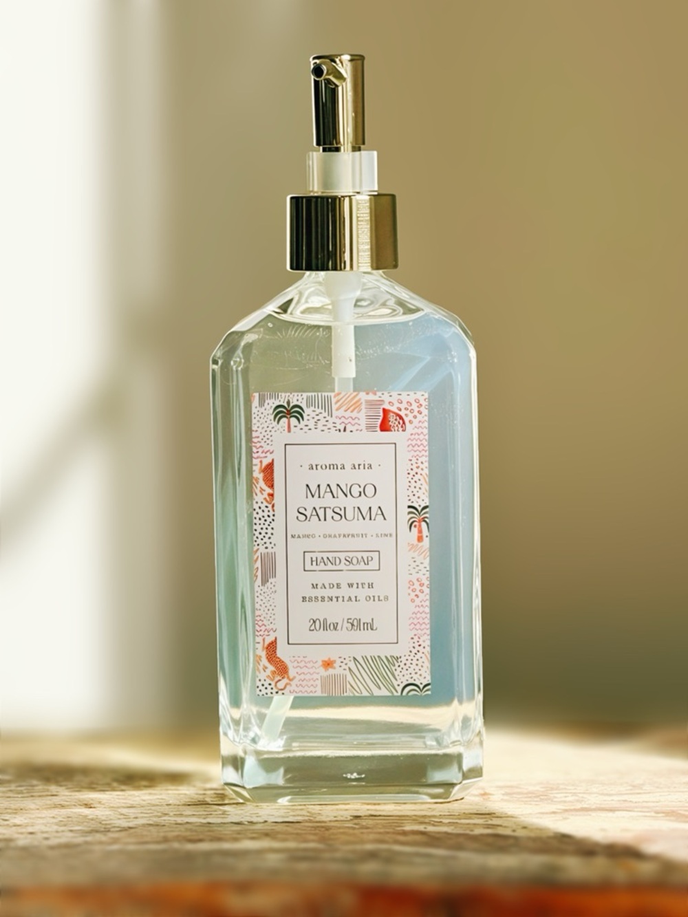 NEW Aroma Aria Mango Satsuma Hand Wash / Soap Glass Bottle Gold Pump 20 OZ
